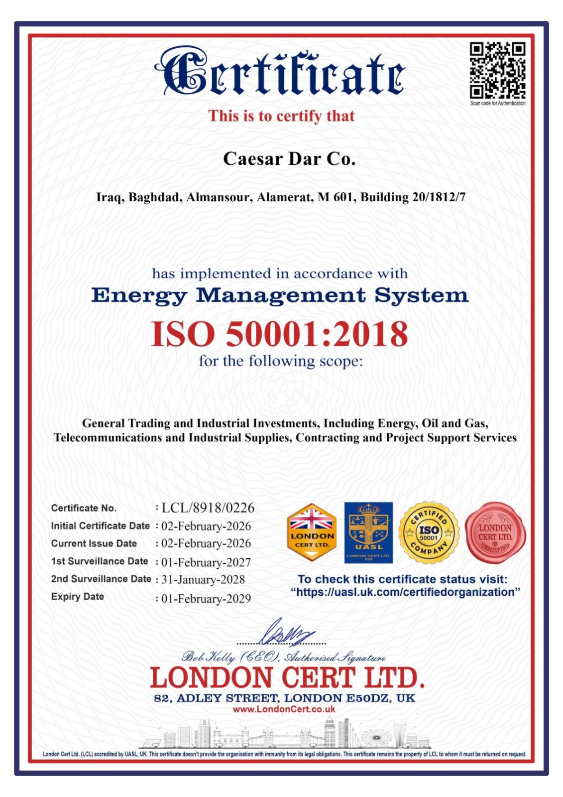 ISO 50001:2018 Energy Management certificate